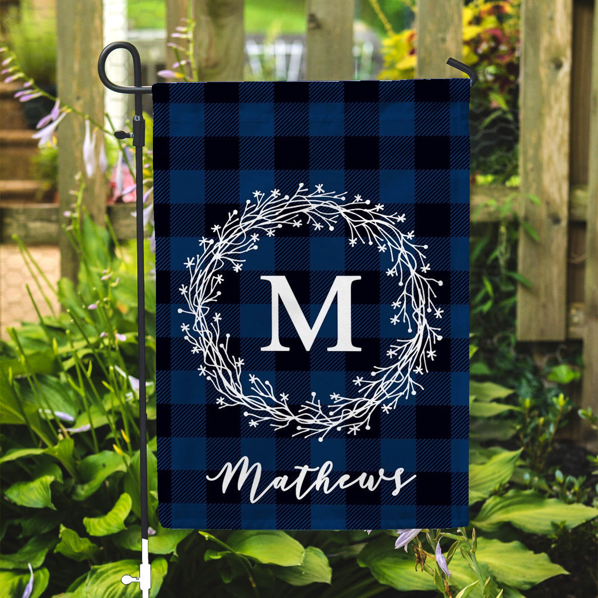 Personalized Garden Flag - Buffalo Plaid Dark Blue Home Yard Flag - 12" x 18" - Second East