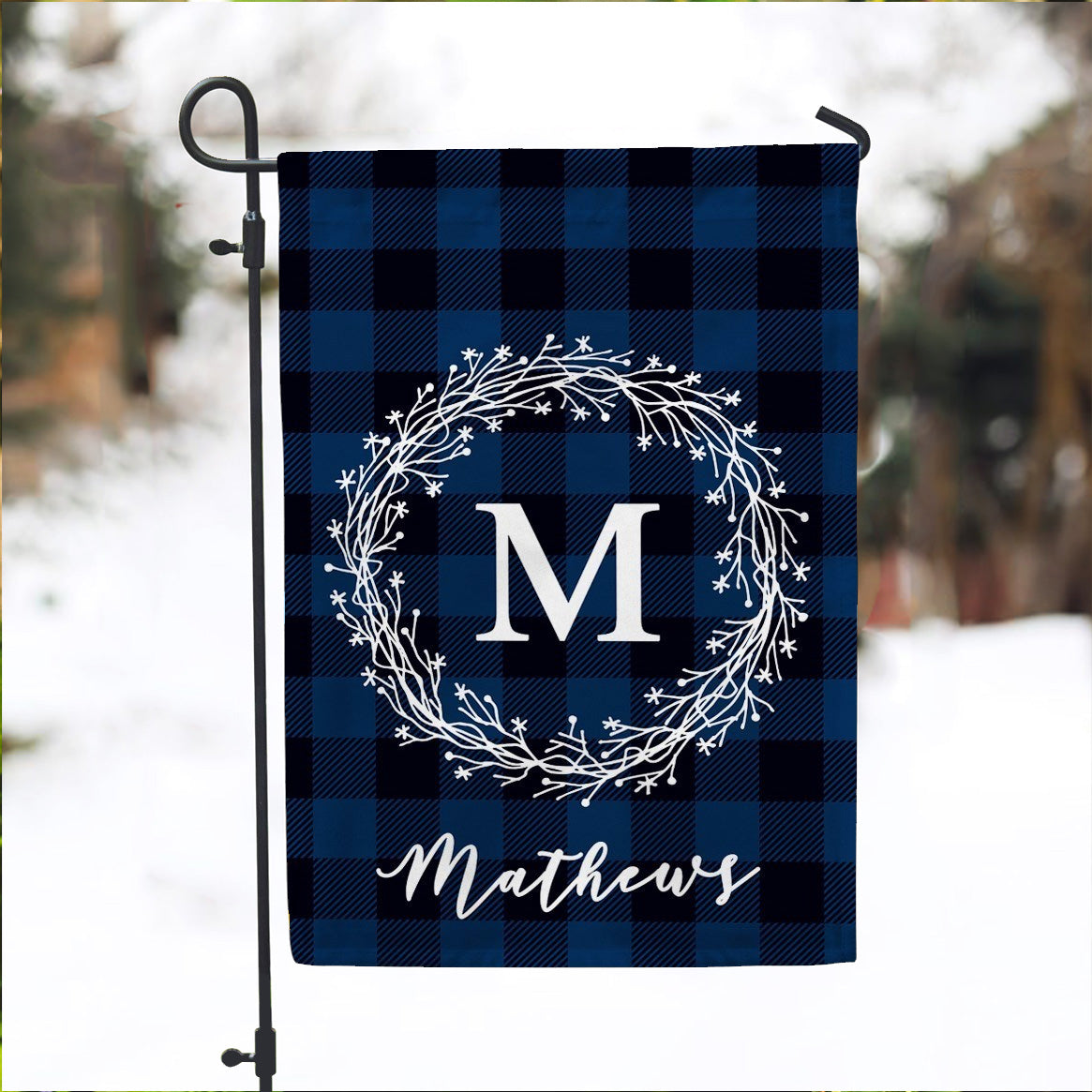 Personalized Garden Flag - Buffalo Plaid Dark Blue Home Yard Flag - 12" x 18" - Second East