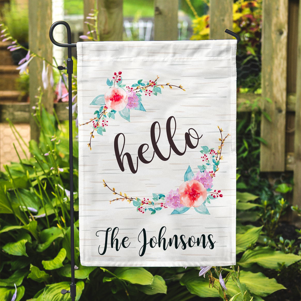 Personalized Garden Flag - Hello Birch Floral Garden Flag - 12" x 18" - Second East