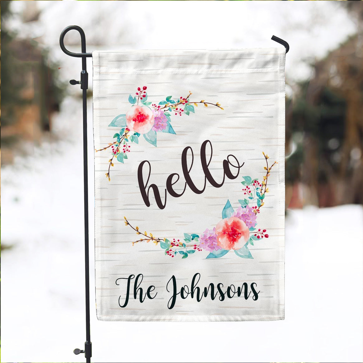 Personalized Garden Flag - Hello Birch Floral Garden Flag - 12" x 18" - Second East