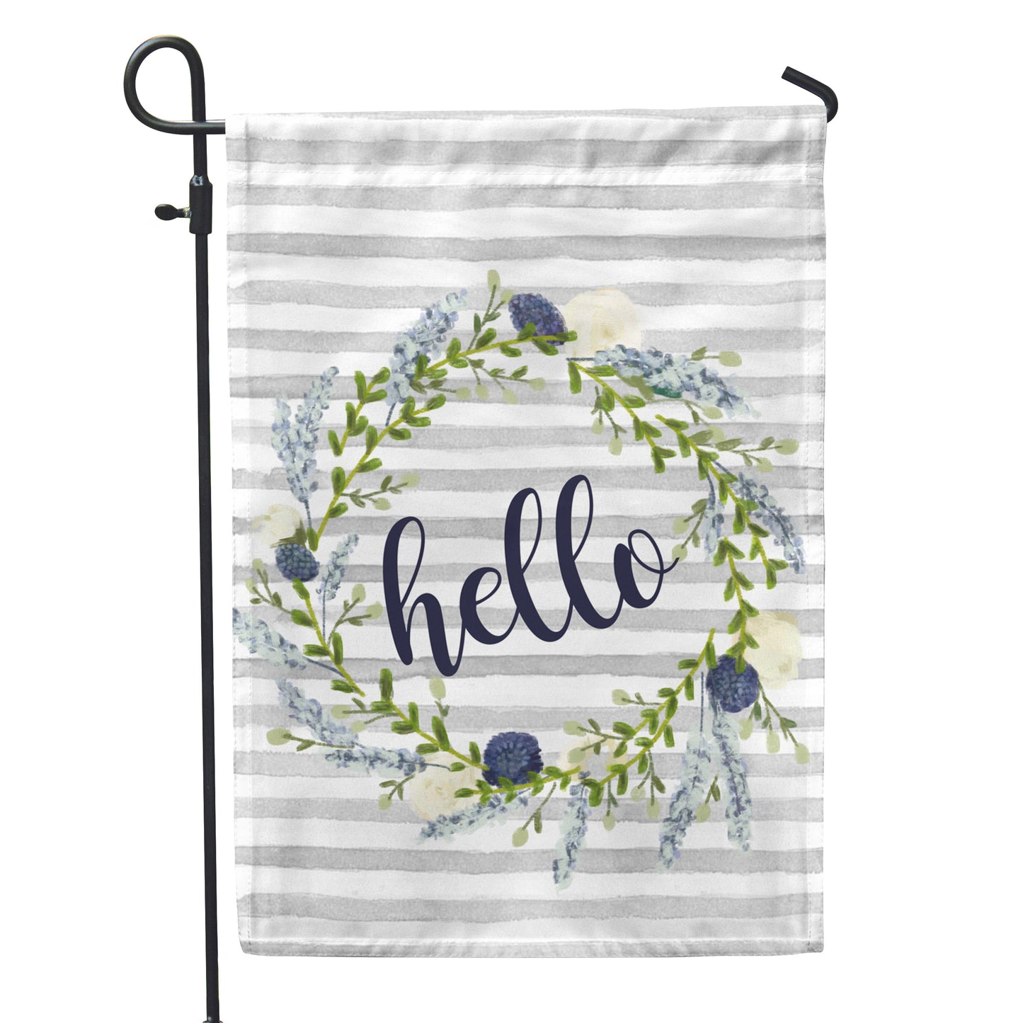 Hello Grey Stripe Floral Garden Flag 12" x 18" - Double Sided - Second East