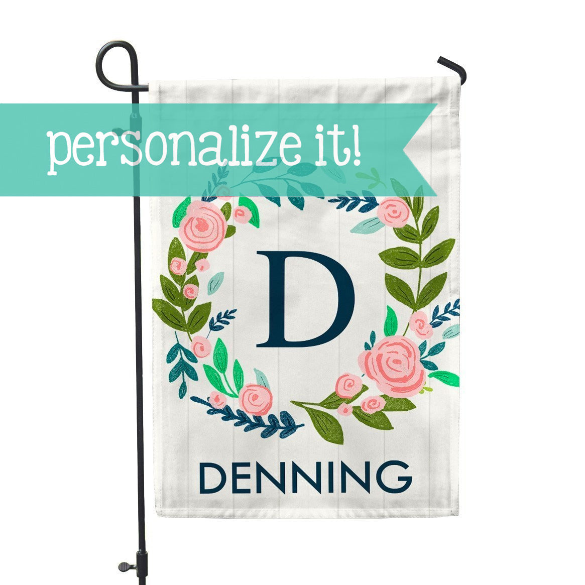 Personalized Garden Flag - White Floral Initial Custom Yard Flag - 12" x 18" - Second East