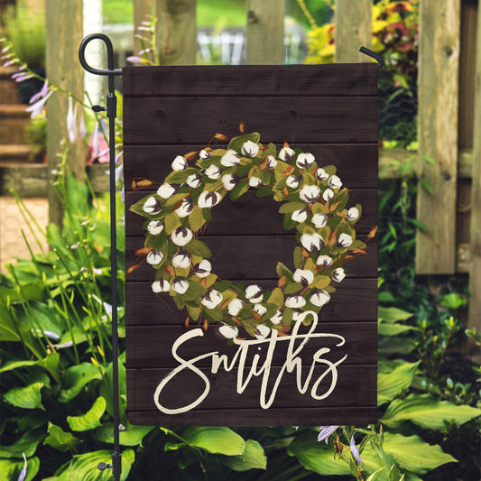 Personalized Garden Flag - Farmhouse Cottonwood Wreath Home - 12" x 18" - Second East