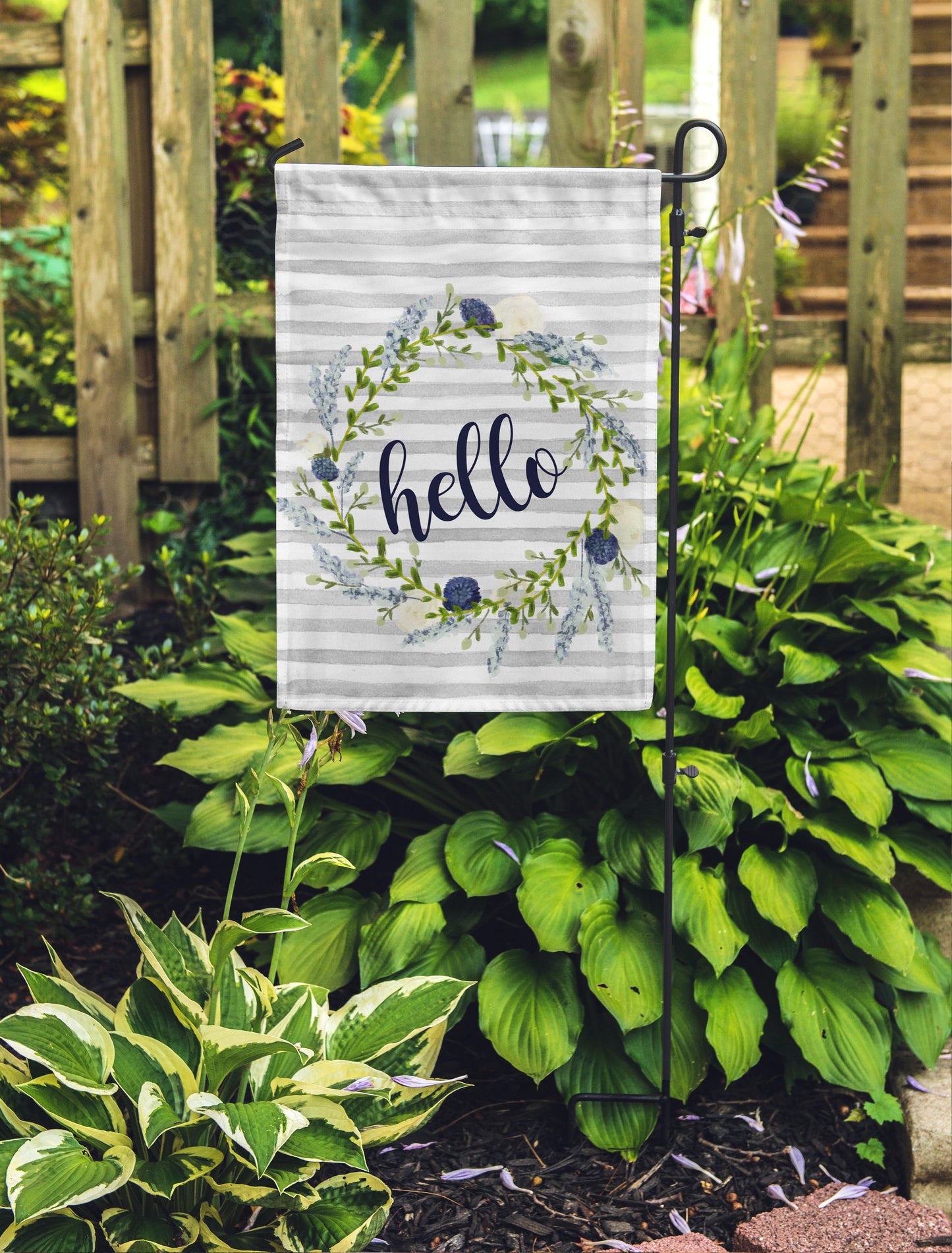 Hello Grey Stripe Floral Garden Flag 12" x 18" - Double Sided - Second East